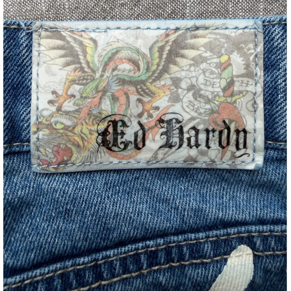 Ed Hardy Denim Women 24 Blue Flare Jeans Tattoo Graphic Tiger Dragon WEHDB100-3 - Picture 11 of 16